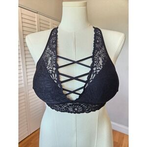Victoria's Secret PINK Black Lace Strappy Cage Front Convertible Bralette Sz L